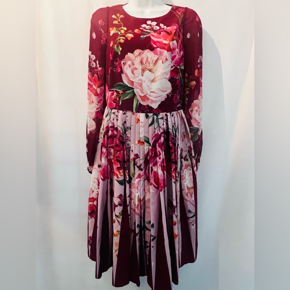 TED BAKER London Burgundy Floral Pleated Midi Dress Open Back|Long Sleeve|Size 0 - Picture 13 of 14